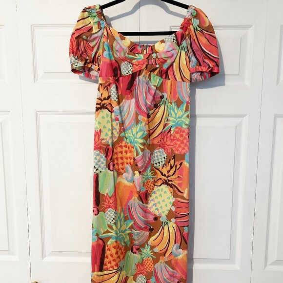 Farm Rio Fruit Salad Puff Sleeve Midi Dress Size Small - Picture 2 of 7